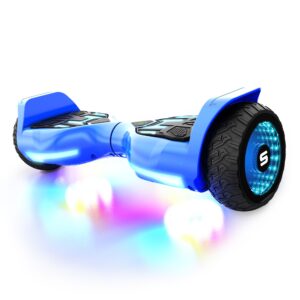 Blue T580 Warrior hoverboard with glowing lights on a white background.