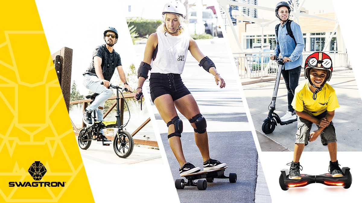 Split image of EB7 Plus eBike, NG2 electric longboard, Swagger 7 eScooter and swagBOARD EVO hoverboard.